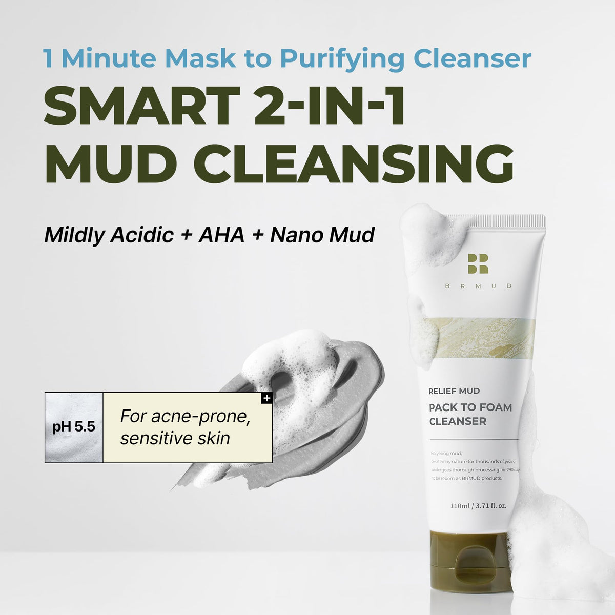 BRMUD Relief Mud Pack To Foam Cleanser - Pore & Sebum Skin Care 3.71 fl oz