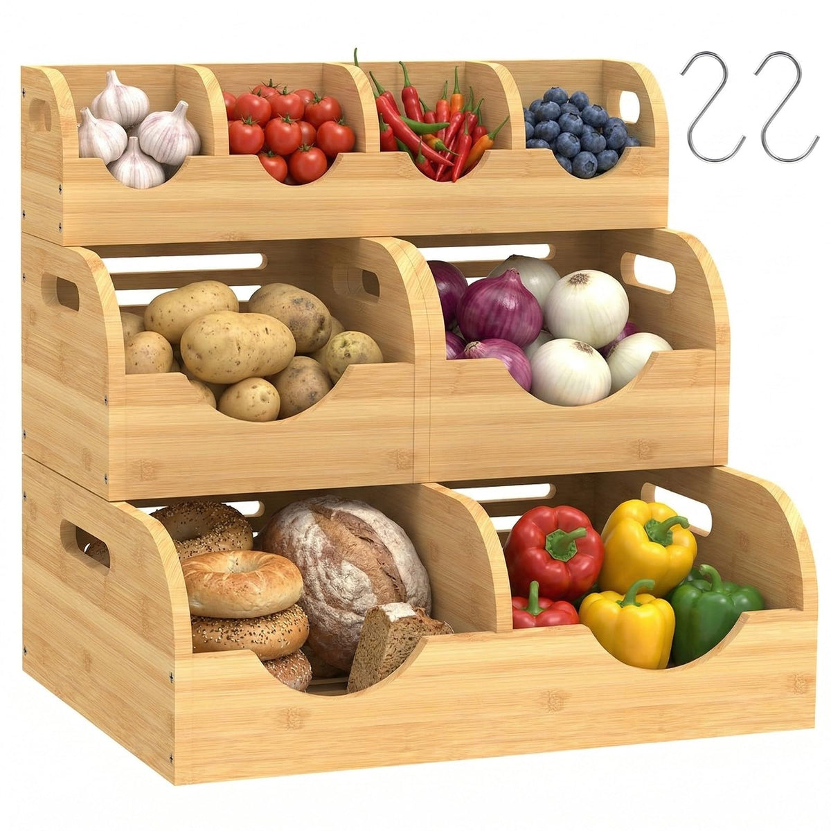 WHEEXIAG Potato and Onion Storage Bin, Made of bamboo, With 2 banana hooks