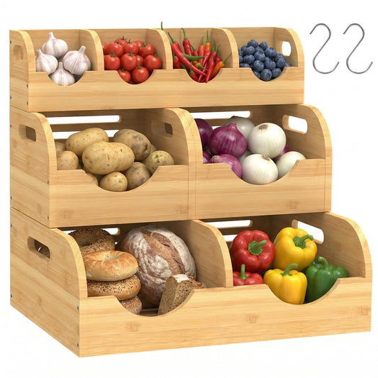 WHEEXIAG Potato and Onion Storage Bin, Made of bamboo, With 2 banana hooks
