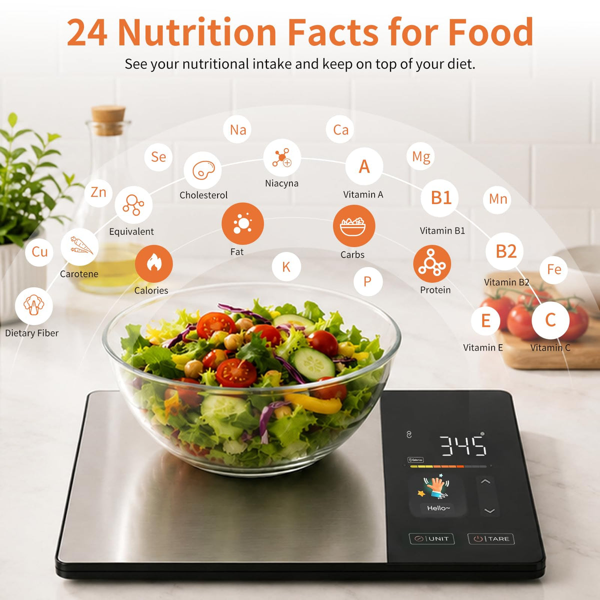 Smart Nutrition Kitchen Scale,Free APP Digital Scale Tracks Calories,Fat, Carbs,Protein,analyzes 24 nutrients,11lb max Load, gram/Ounce Conversion, Stainless Steel for Weight Loss, Baking & Meal prep.