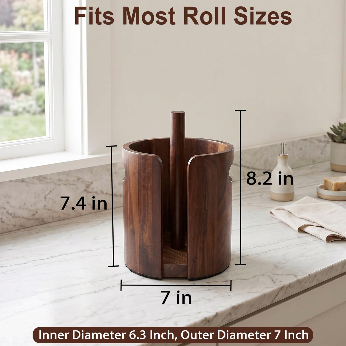 Acacia Wood Paper Towel Holder for Countertop with Splash Guard & Handles