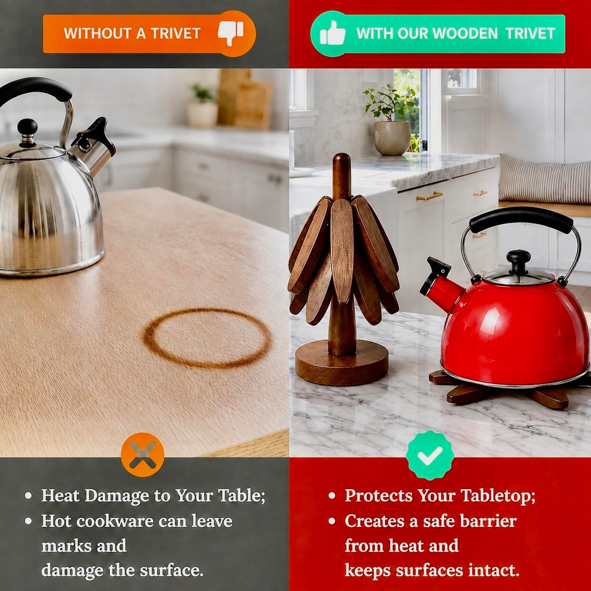 Menvel Goods Foldable Black Walnut Wooden Trivet Set for Hot Dishes - 4 Trivets + 1 Stand for Hot Dishes, Tree Coasters, Pot, Bowl, Teapot - Hot Pot Holders(Black Walnut) - Kitchen Gifts in The Box
