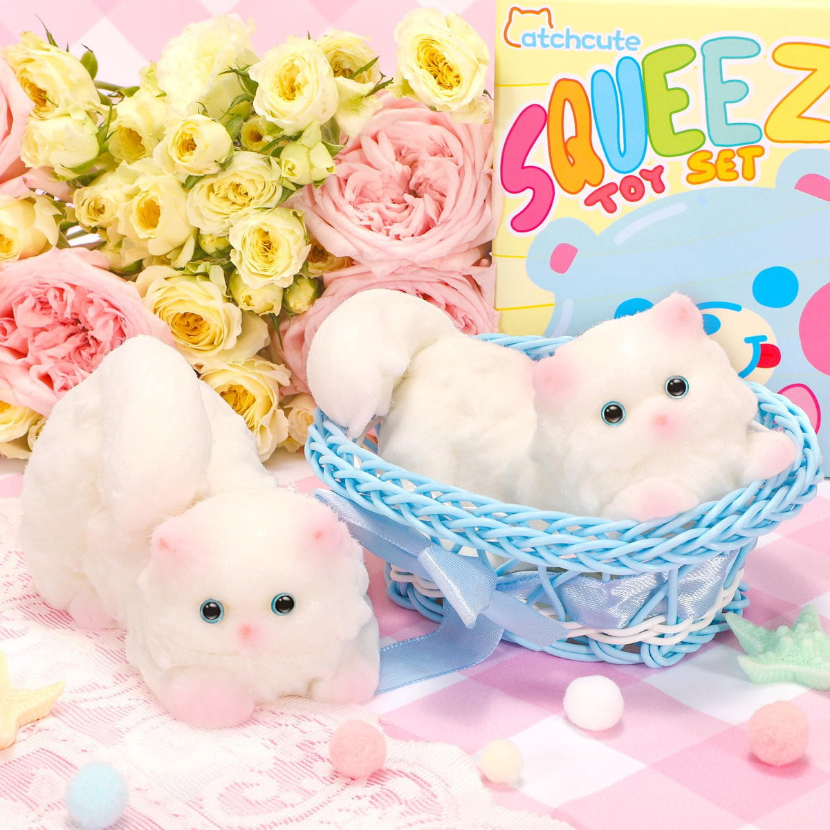 CatchCute Big Squeeze Cat Toys with Basket,Soft Cat Squishies Sensory Fidget Toys for Stress Anxiety Relief, Sticky Toys Party Favors Christmas Birthday Gift for Kids Teens