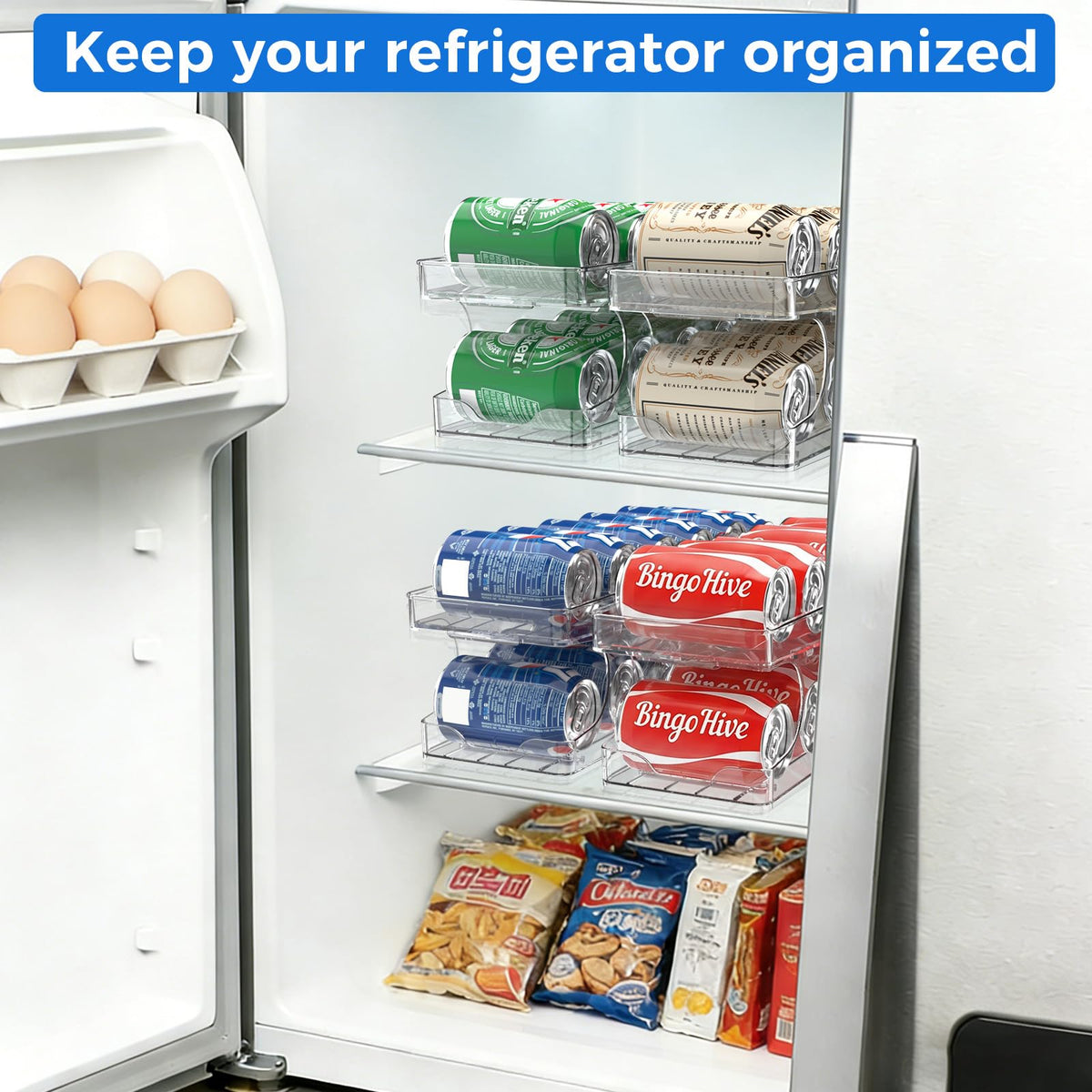 BingoHive 2 Packs FIFO Rolling Soda Can Organizer for Fridge, Holds 24 Cans
