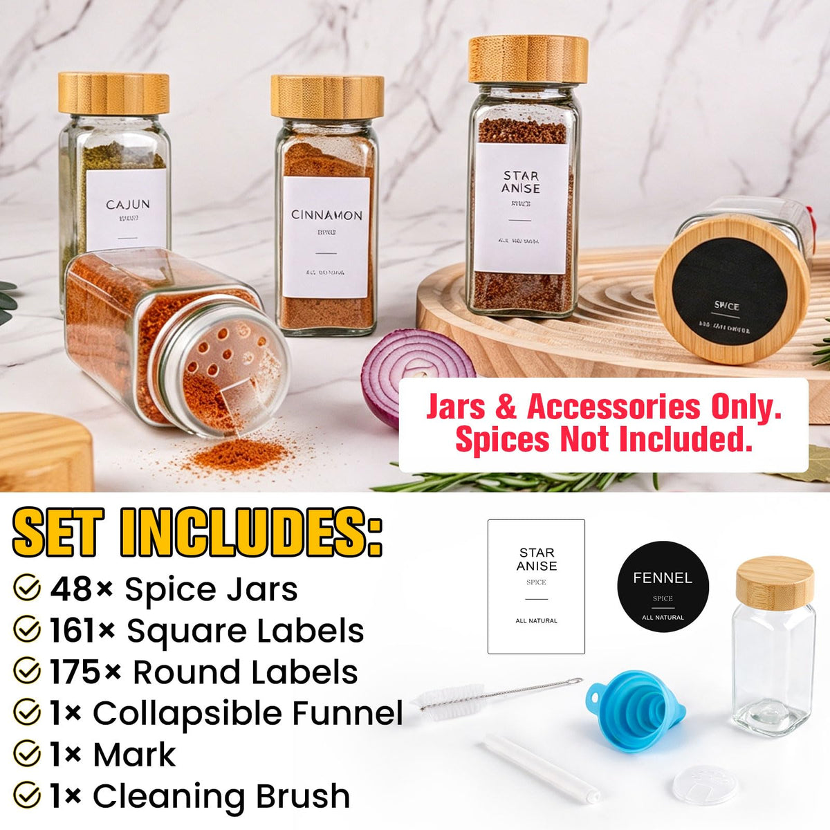 48PCS Spice Jars with Label, 4oz Glass Seasoning Containers with Bamboo Lid