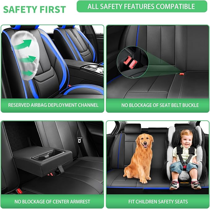 Fit Insight Car Seat Covers for Honda Insight 2010-2021 2022-Upgraded Premium Waterproof & Breathable Leather,Airbag Compatible,All-Weather Seat Cushion Protector,Full Set,Black-Blue
