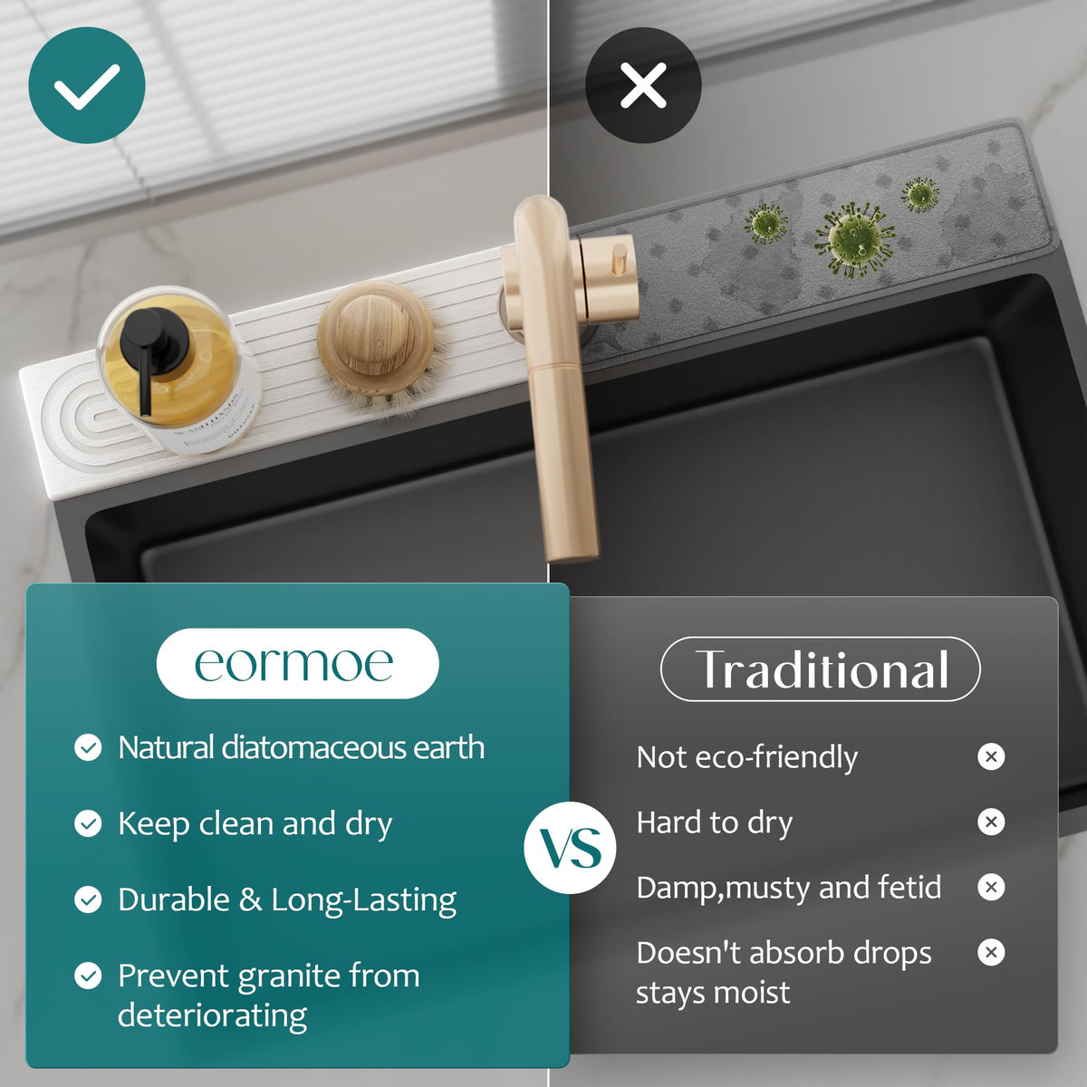 eormoe Diatomite Kitchen Faucet Mat - 14Inch Water Absorbing Stone Tray for Sink, Stone Fast-Drying Faucet Mat for Kitchen Counter Sink Accessories (Light Grey, 14'' x 3.9'')