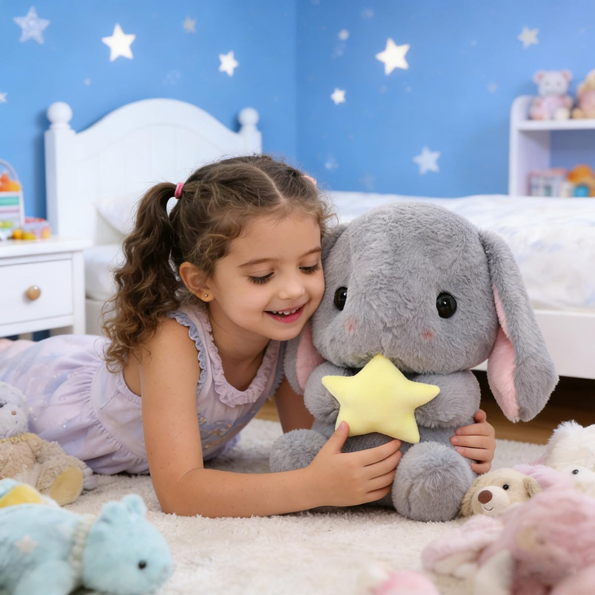HOUPU Lop Bunny Plush 8.6in Gray Star Stuffed Bunny Kids Easter Toy