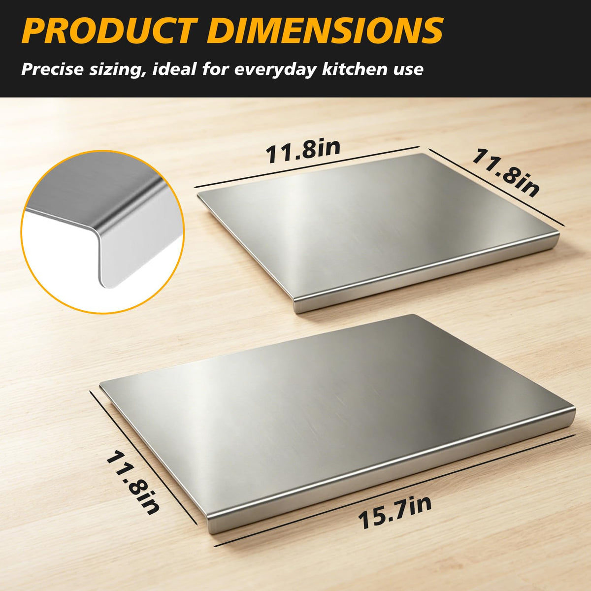 2Pcs L-Shaped Stainless Steel Cutting Board with Lip, 304 Metal Chopping Board Double-Sided Use, 15.7x11.8" & 11.8x11.8" Pastry Kneading Board for Meat Fruits Veggies Bread, Easy-Clean Dishwasher Safe