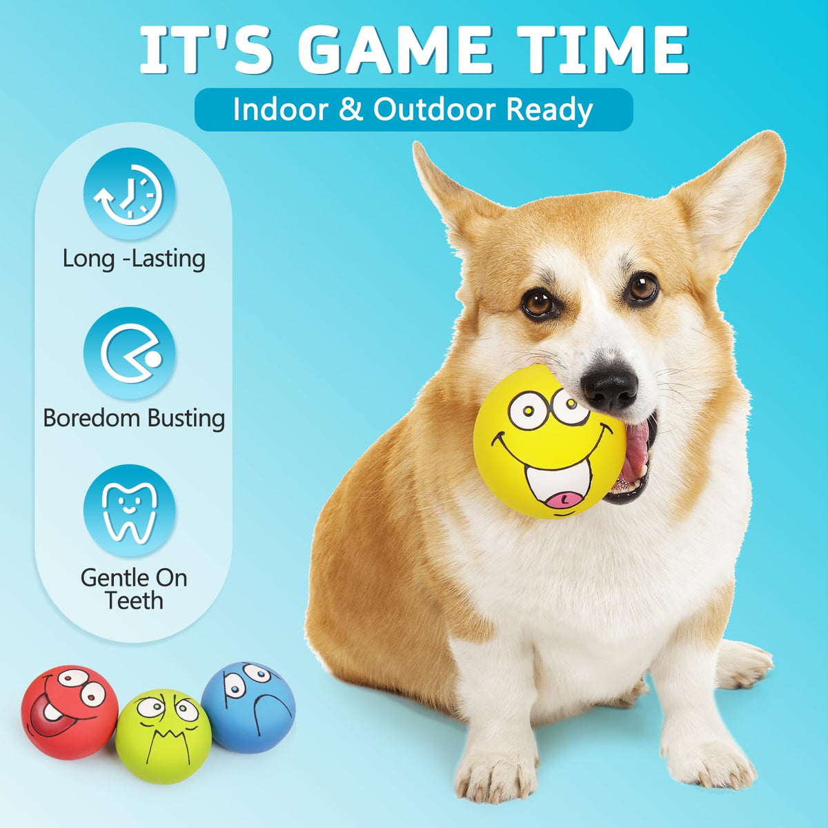 HDSX 4 Pack 2.8" Smiley Face Squeaky Dog Toys Soft Dog Balls Latex Rubber Squeak Dog Toys for Small Medium Puppy Pet Dogs (Flat Ball)