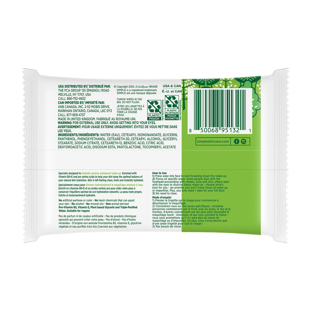 Simple Kind To Skin Micellar Makeup Remover Wipes - Face Wipes Instantly Remove Waterproof Makeup - Enriched with Vitamin B5 and E - Vegan - 2 pc