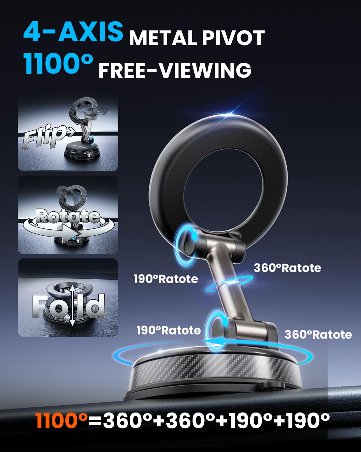 Upgraded Car Phone holder for Magsafe [120LBS Suction Cup & 3000gf Magnet ] 1100° Adjustable Vacuum Magnetic Phone Holders for Your Car, Dashboard Car Mount Bracket for iPhone & Android, Carbon Fiber