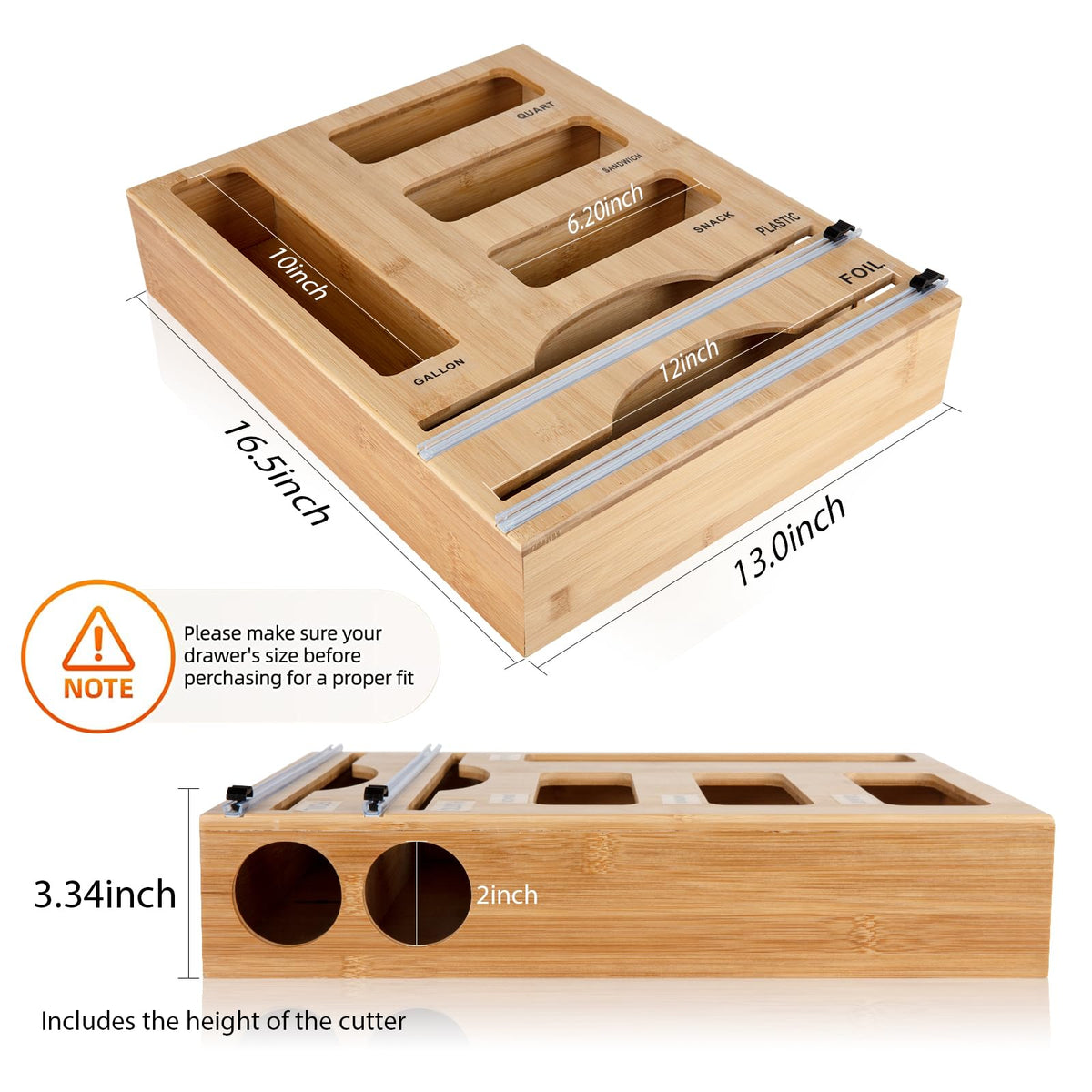 Storage Bag Organizer with Foil and Plastic Wrap Organizer , Aluminum Foil Dispenser with Cutter, Bamboo 6 in 1 Baggie Organizer Suitable for Gallon, Quart, Sandwich, Snack