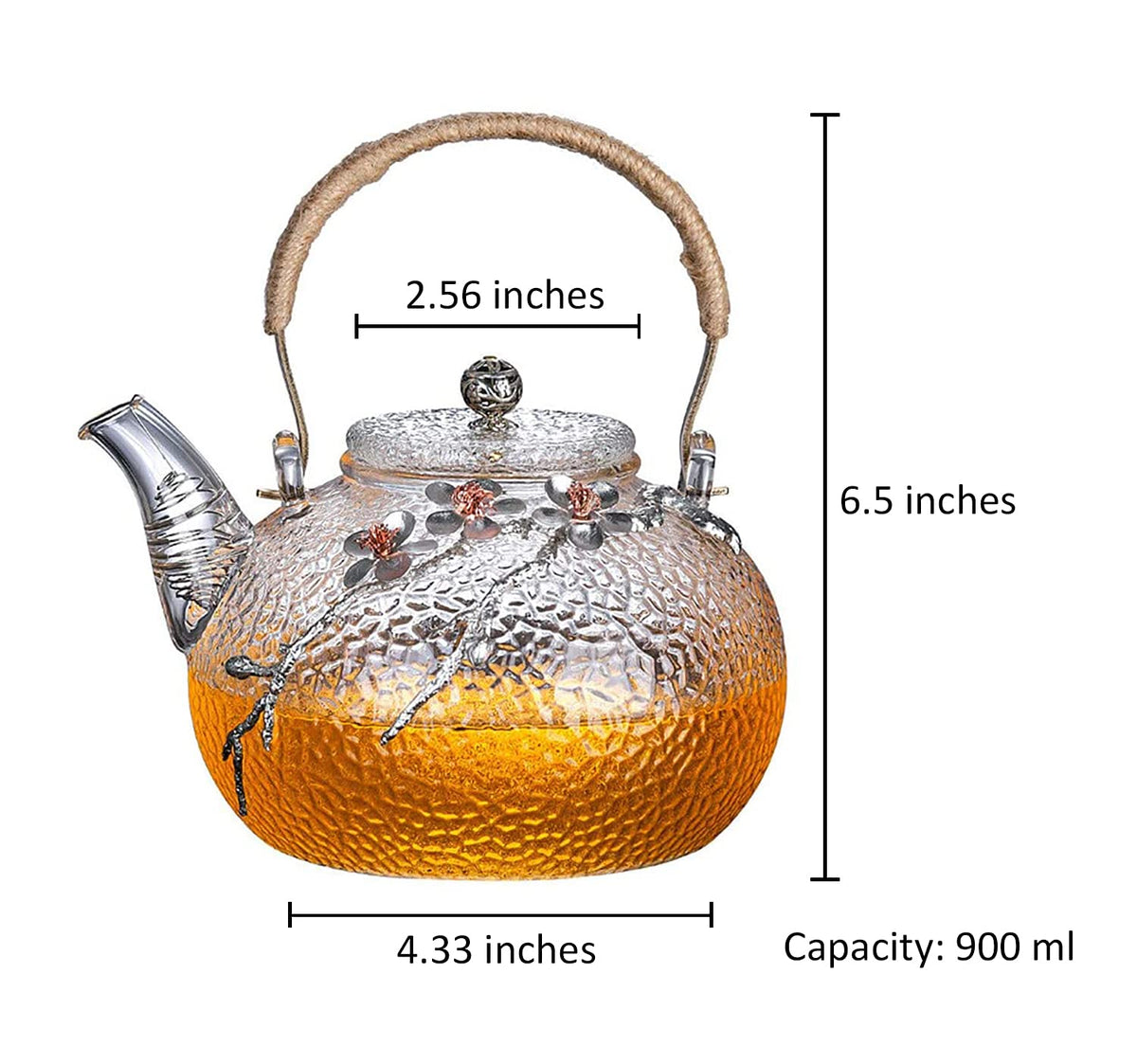 ZENATION Japanese Style hammered glass exquisite 900ml tea pot, with tin and copper plum blossom decoration