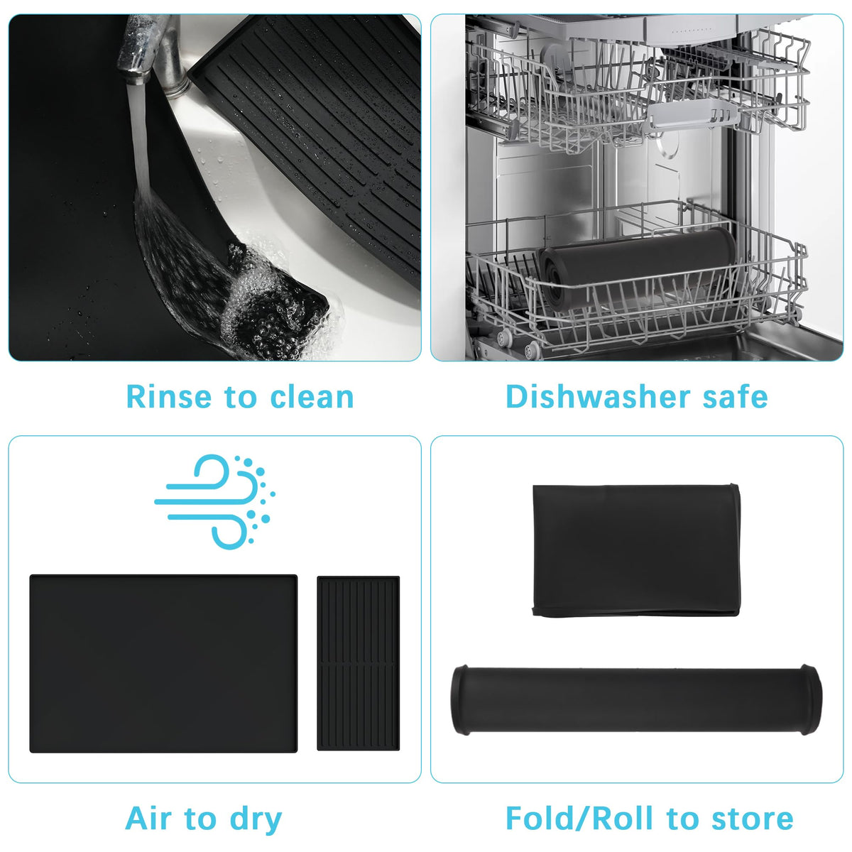 Golener Silicone Coffee Mat Set - 24" x 16" Coffee Bar Mat for Countertop, Kitchen Station Pad Accessories Fit Under Coffee Maker or Machine, Dish Drying Mat, Heat Resistant Kitchen Gadget, Black