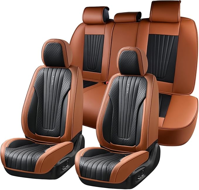 FLORICH Car Seat Covers, Premium Leatherette Car Seat Covers Full Set, Waterproof Leather Car Seat Cushion Front Seats and Back, Breathable Seat Protectors for Sedans Cars SUV Trucks - Black&Brown