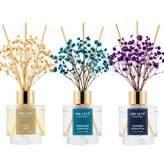 Airkeep Reed Diffuser Set of 3,Clean Linen Ocean Mist&Sea Salt Lavender Eucalyptus Oil Reed Diffusers for Bedroom Living Room Office Aromatherapy Oil Reed Diffuser for Gift 50ml x 3