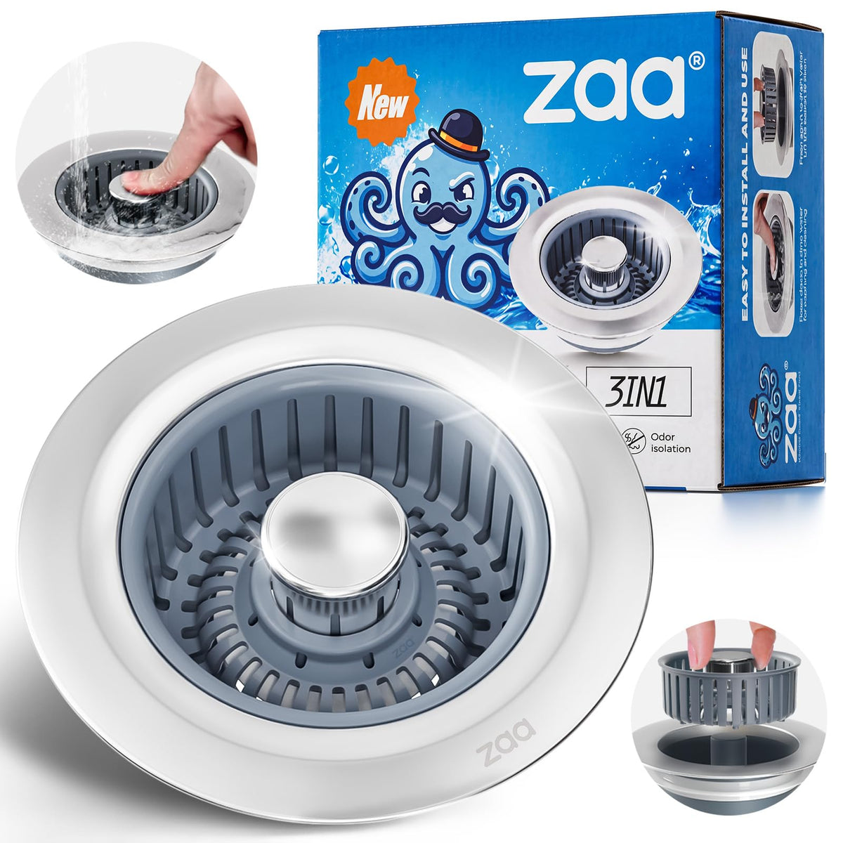 zaa 3 in 1 Kitchen Sink Drain Strainer Stopper Removable Basket Pop-Up