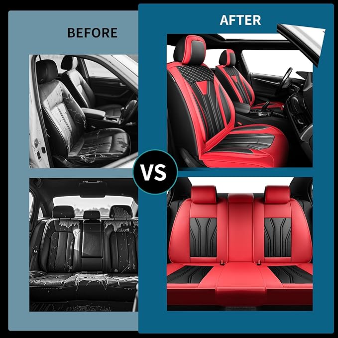 Fit Juke Car Seat Covers Compatible with Nissan Juke 2012-2015 2016 - Full Set Premium Leather， Waterproof Breathable， All-Weather Seat Cushion Protecto&Airbag Compatible （Red & Black