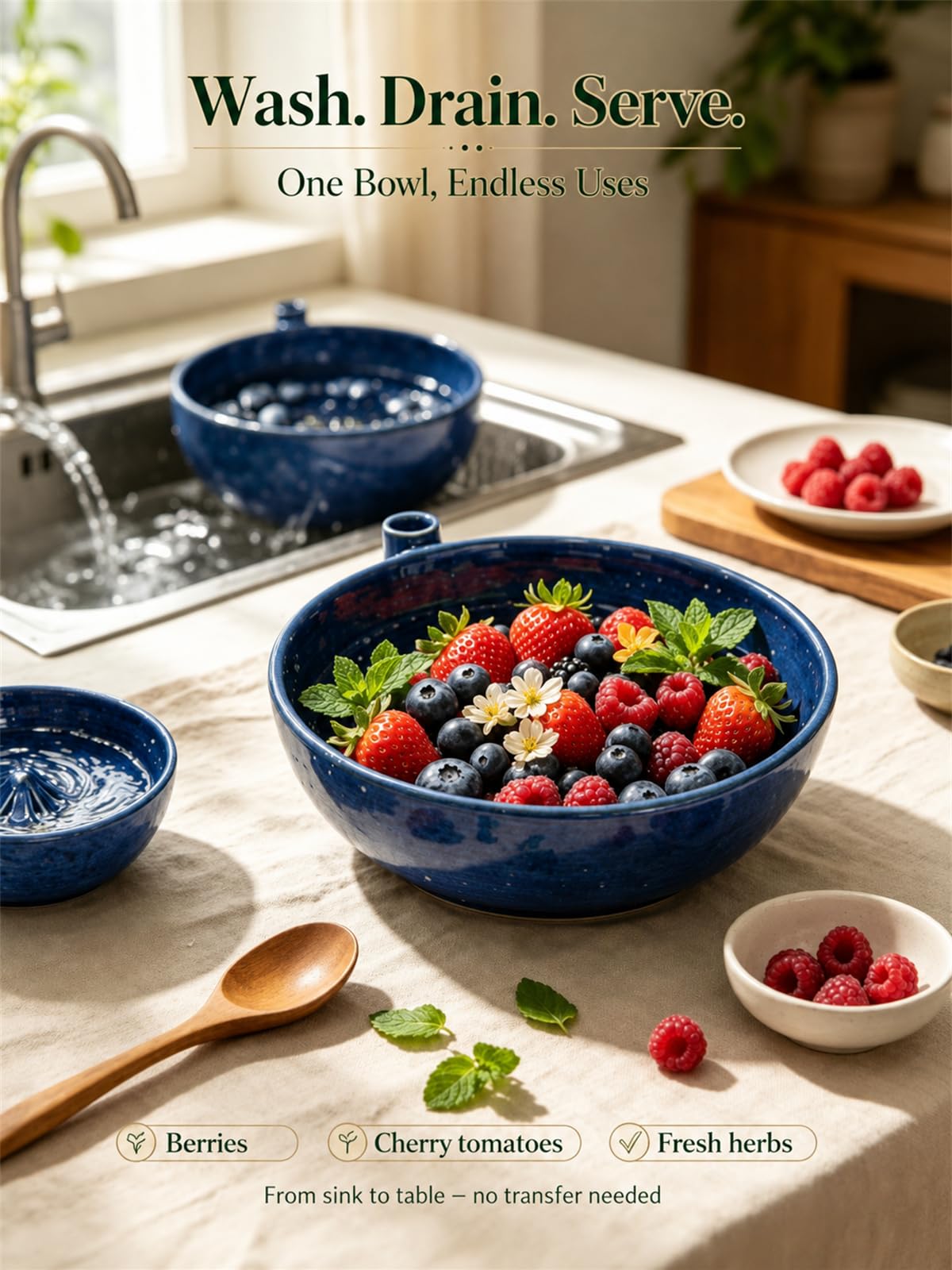Berry Bowl Fruit Washer with Strainer Holes Ceramic, Ceramic Fruit Bowl Self-Spinning Automatic 360° Swirling Vortex Berry Rinser & Vegetable Colander, Handmade Multipurpose Cleaner Bowl(Blue)