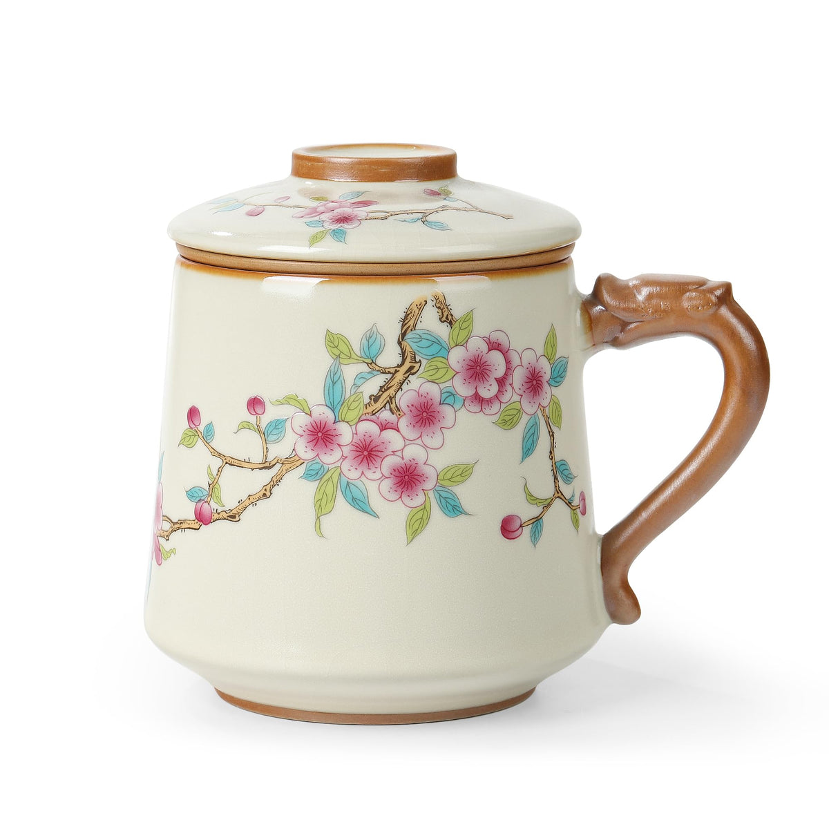 fanquare Beige Ruyao Porcelain Tea Cups with Infuser and Lid, Chinese Steeping Tea Mug with Strainer for Adults, Plum Blossom Tea Cup Set for One for Home Office