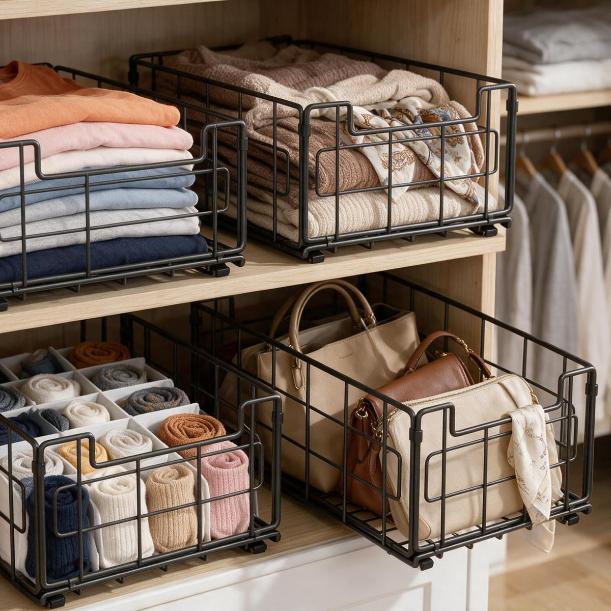 Irishom Expandable Shelf Pull Out Cabinet Basket Organizer, 2 Pack