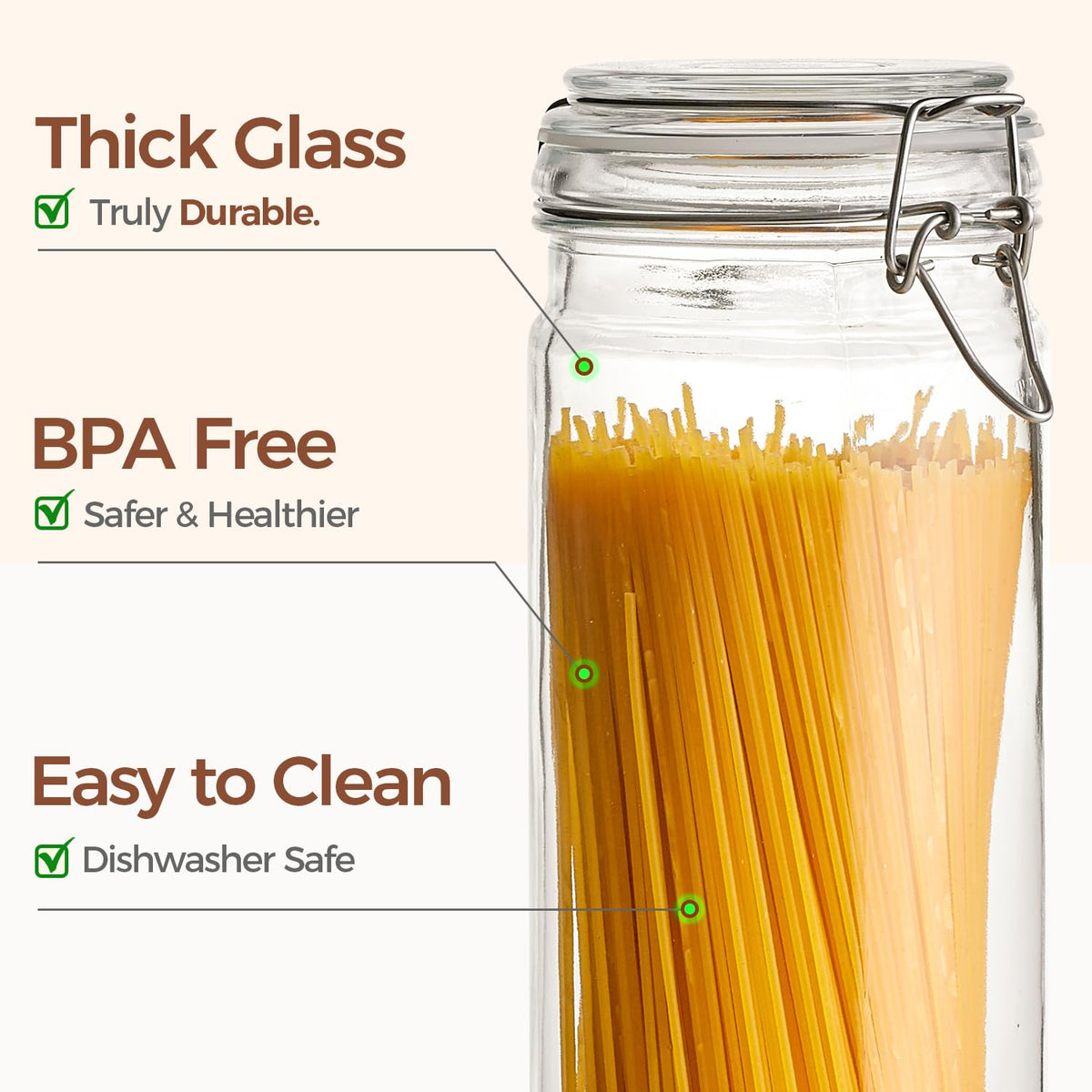 ComSaf Tall Glass Pasta Containers with Airtight Lids 68 oz 3 Pack Canister