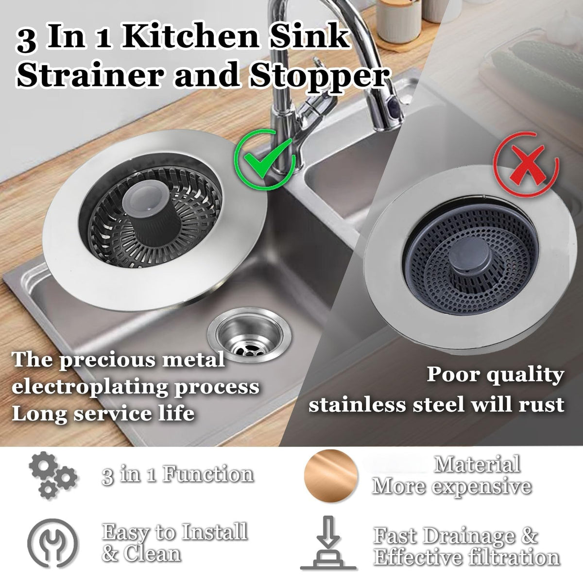 BAOLSLS 3 in 1 Kitchen Sink Stopper, Pop Up Kitchen Sink Drain Strainer