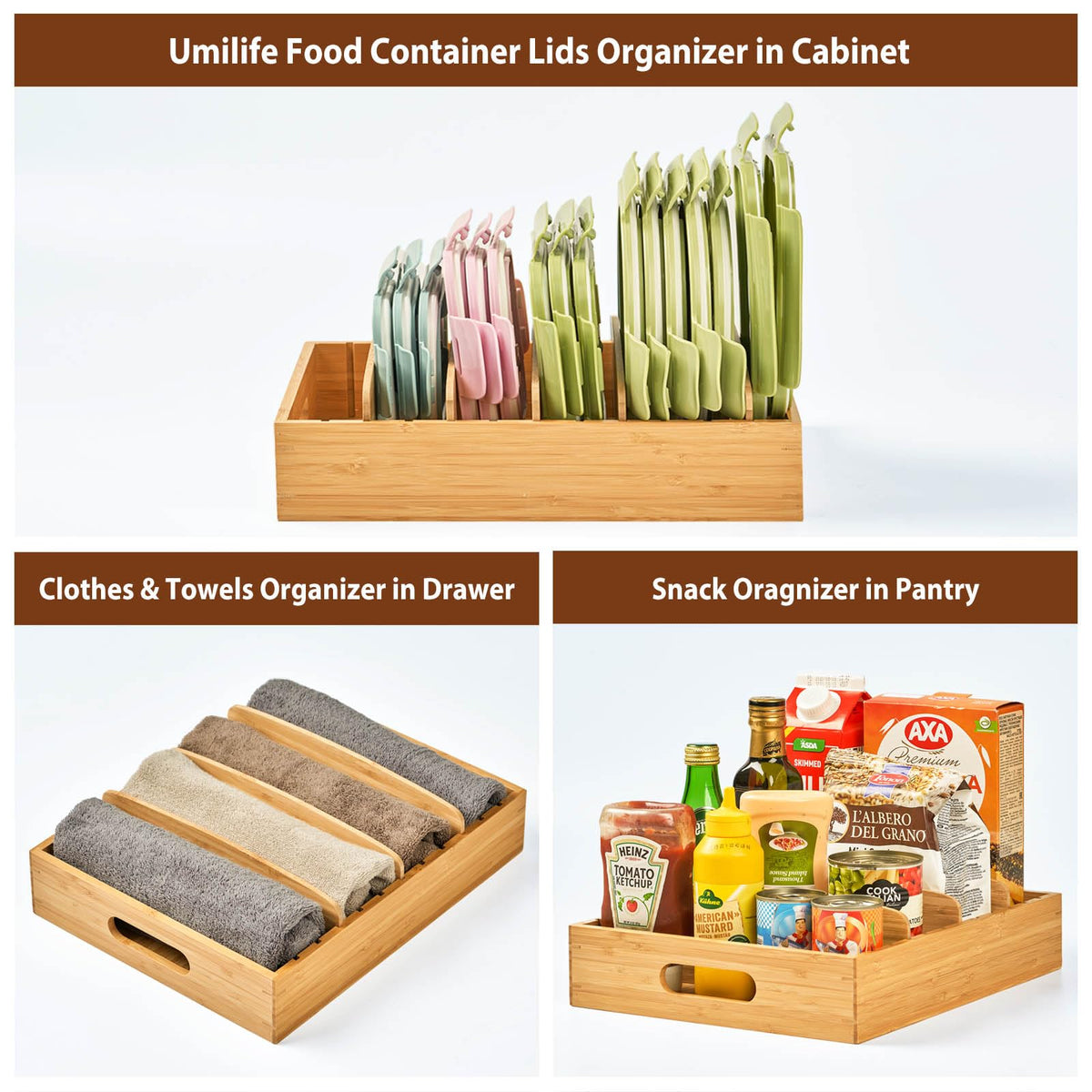 Umilife Large Bamboo Food Container Lid Organizer for Kitchen Cabinet