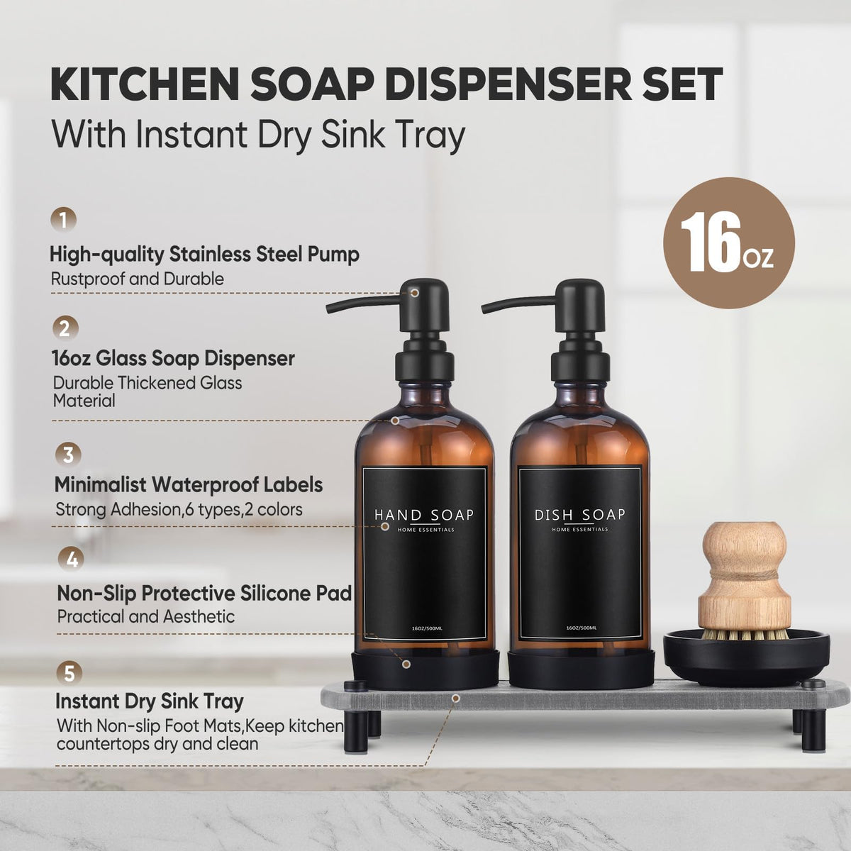 NEECZS Kitchen Soap Dispenser Set with Instant Dry Tray,16 Oz Hand and Dish Soap Amber Glass Dispenser Set,Stainless Steel Pump,Waterproof Labels&Dish Brush,Luxury Soap Bottle for Kitchen,Bathroom