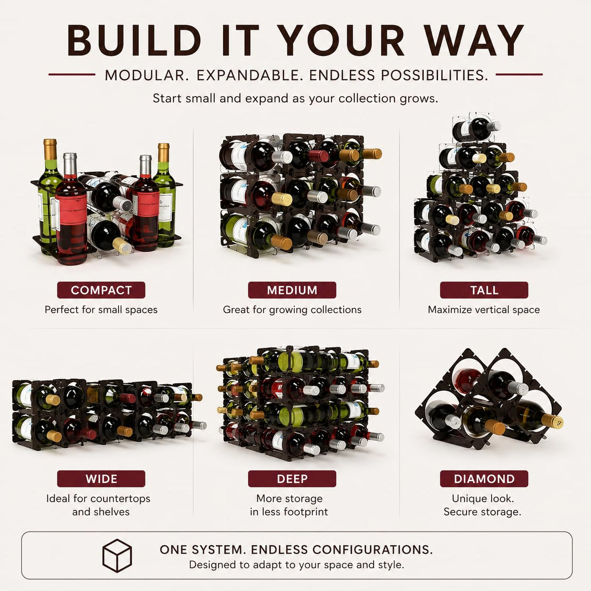 smart spring Modular Wine Rack System – Stackable & Expandable Wine Storage Rack, Customizable Bottle Organizer for Countertop, Cabinet or Fridge – Made in USA (6, Espresso Reserve)