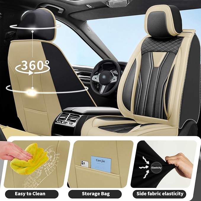 Fit Frontier Car Seat Covers Premium Leather for Nissan Frontier 2009-2025 2026. Waterproof， Breathable, Scratch-Resistant & All-Weather Seat Cushion Protector（Front Seat,Beige&Black