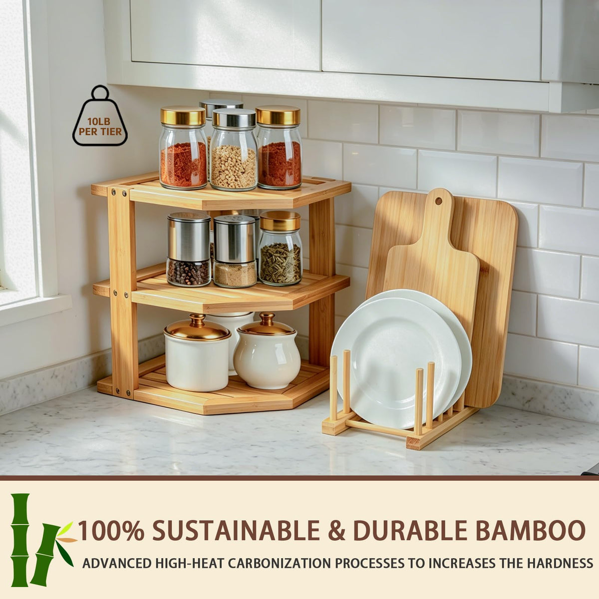 Bamboo Plate Organizer for Cabinet Set,3 Tier Corner Shelf & Plate Holder