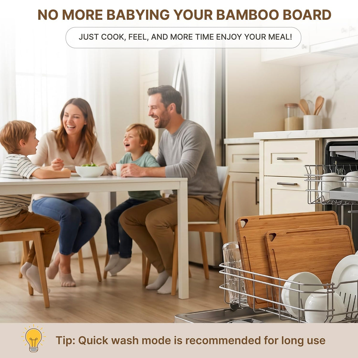 Dishwasher Safe Bamboo Cutting Board, Cell-Level Stabilized Wood for Anti-Crack & Resist Water Absorption, Deep Juice Groove, Built-in Handles, Dual-Sided, Ideal Kitchen Gift, Size 13 x 9 in