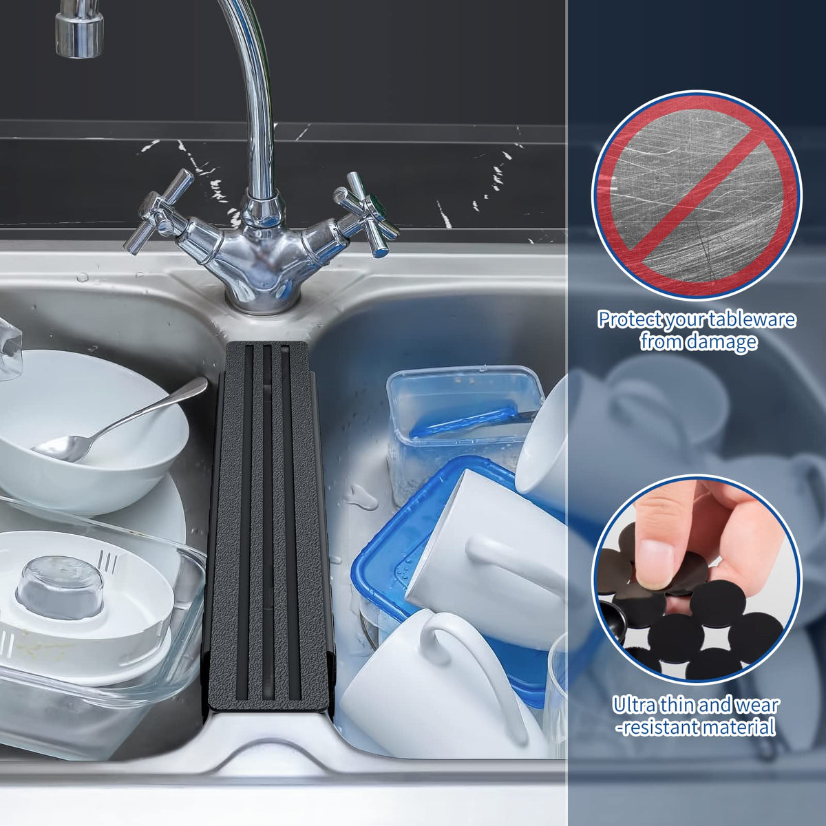 Yolife Kitchen Sink Saddle, PVC Sink Divider Mat with Strong Suction Cups, Durable, Easy to Clean, Odor-free - 9.5" x 12" (Black)