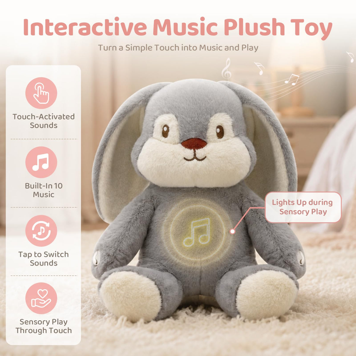 Interactive Music Plush Toy, Musical Sensory Toy with Touch-Activated Bunny