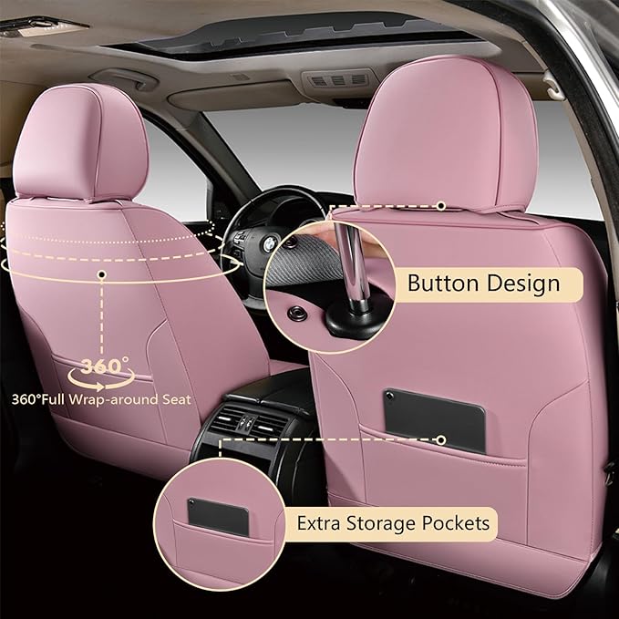 FLORICH Front Car Seat Covers, Luxury Waterproof Faux Leather Seat Covers Cushion, Breathable Car Seat Cover Protectors Universal Fit for Most 5 Seats Vehicles - Pink