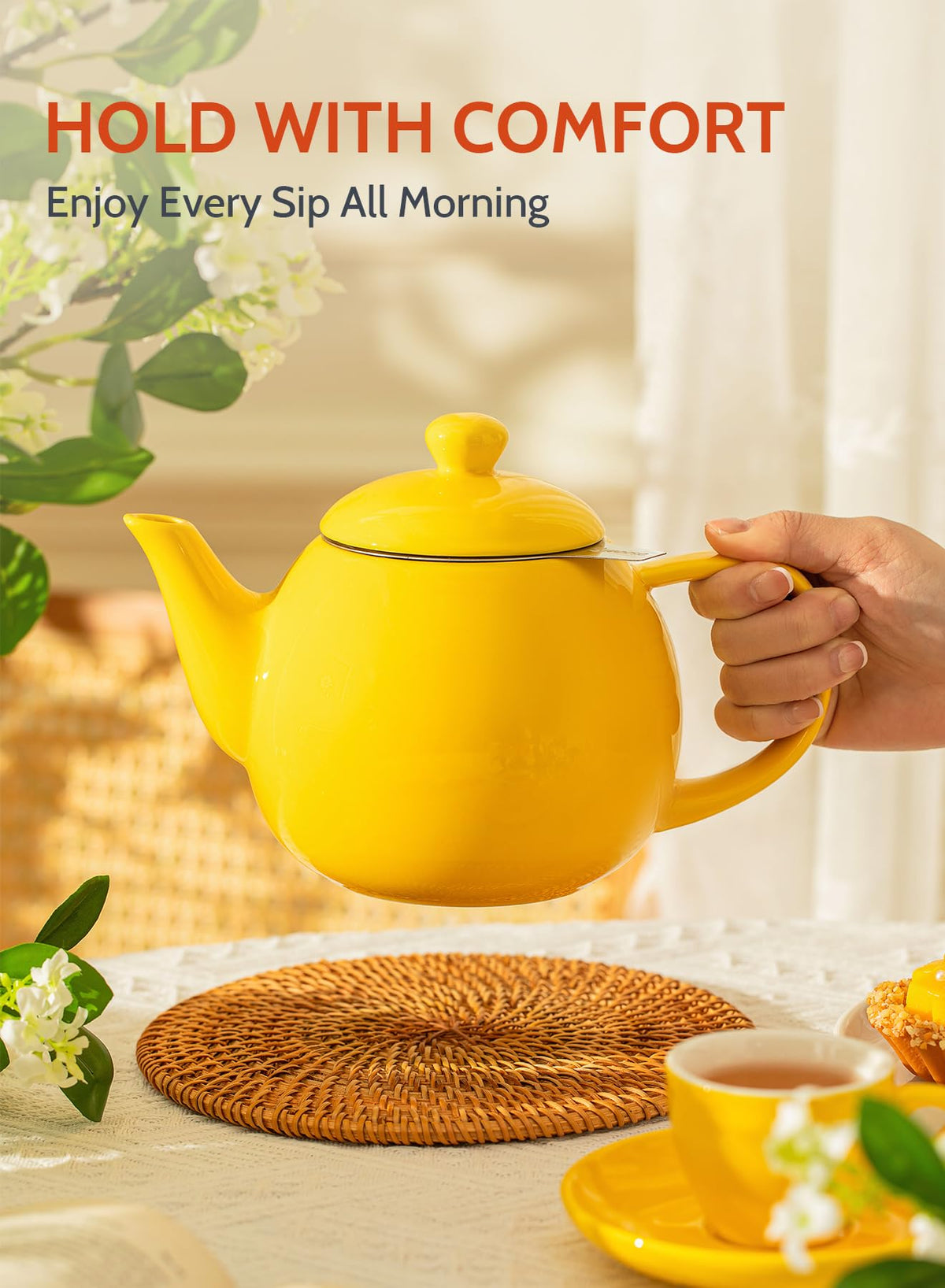 Sweese Teapot, Porcelain Tea Pot with Stainless Steel Infuser, Blooming & Loose Leaf Teapot - 27 ounce, Yellow