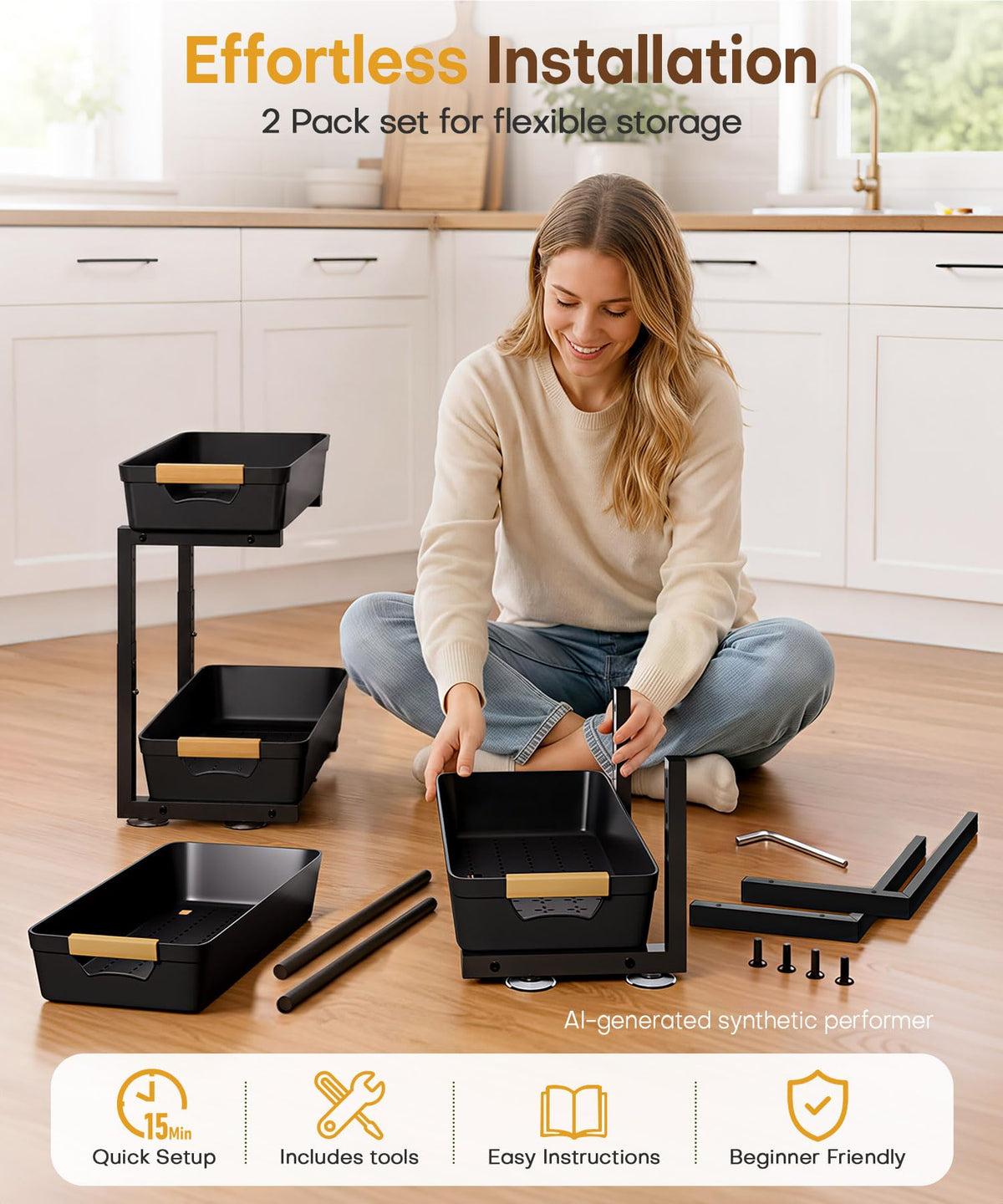 Homde Sliding Under Sink Organizer: 2-Pack Pull-Out Rack for Kitchen