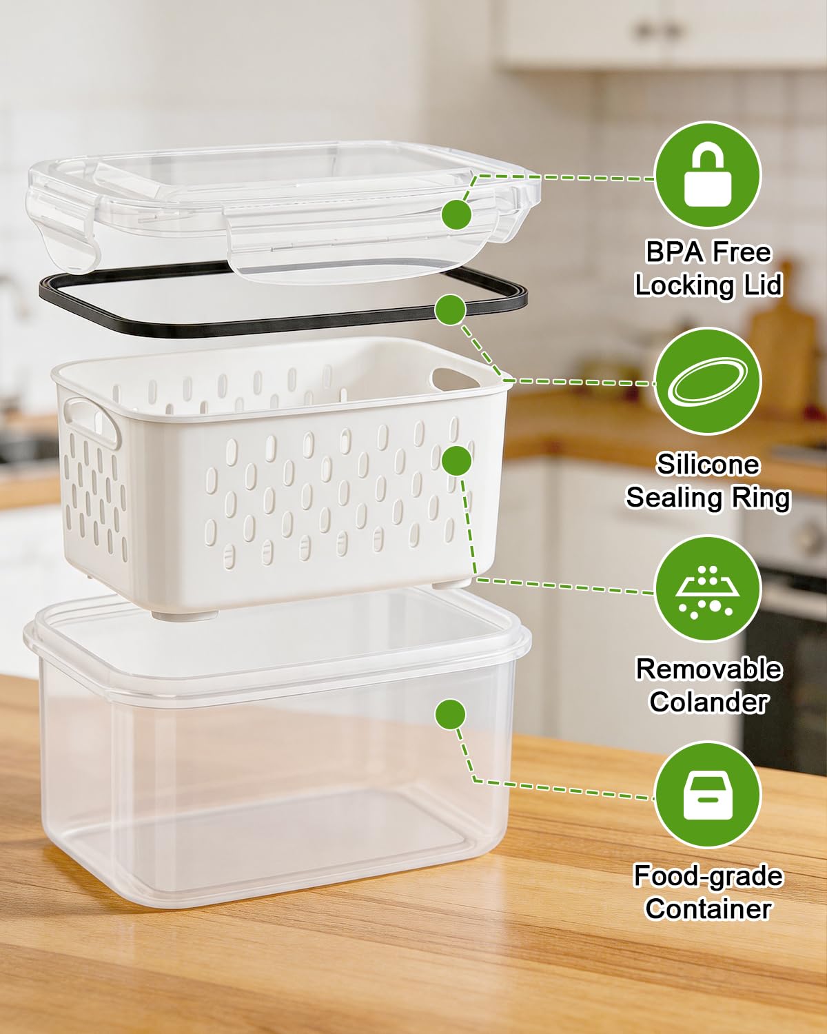 4 Pack Fruit Storage Containers for Fridge Fresh Berry Keeper with Colander
