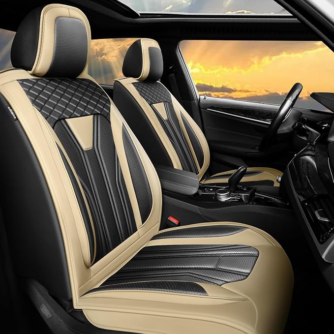 Fit Rogue Car Seat Covers Compatible with Nissan Rogue 2011-2025 2026 - Full Set Premium Leather， Waterproof Breathable， All-Weather Seat Cushion Protecto&Airbag Compatible （Beige & Black