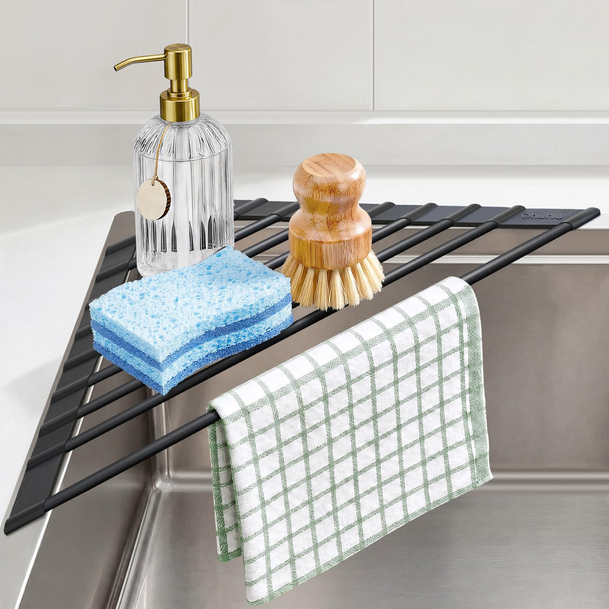 Ohuhu Corner Sink Caddy, Sponge Holder for Kitchen Sink Organizer - Silicone Wrapped Steel Anti Slip Rust Triangle Over the Sink Roll-UP Dish Drying Rack for Sink Corner Kitchen Sink Accessories