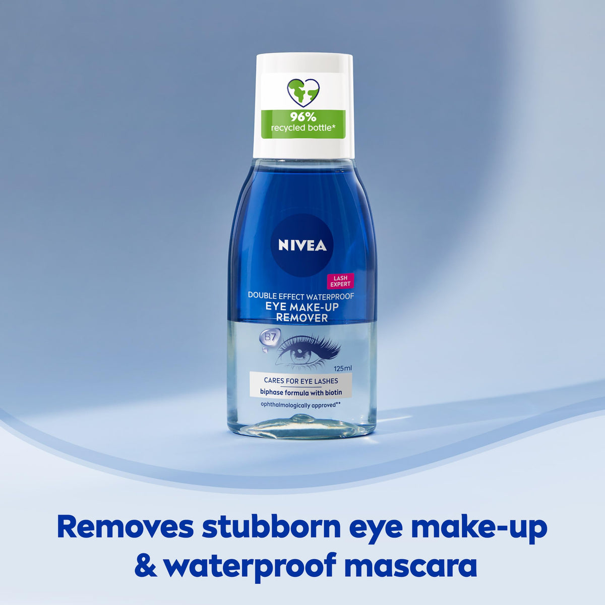 Double Effect Waterproof Eye Make-Up Remover (125 ml), Daily Use Face Cleanser for Make-Up and Mascara with Cornflower Extract and Biotin