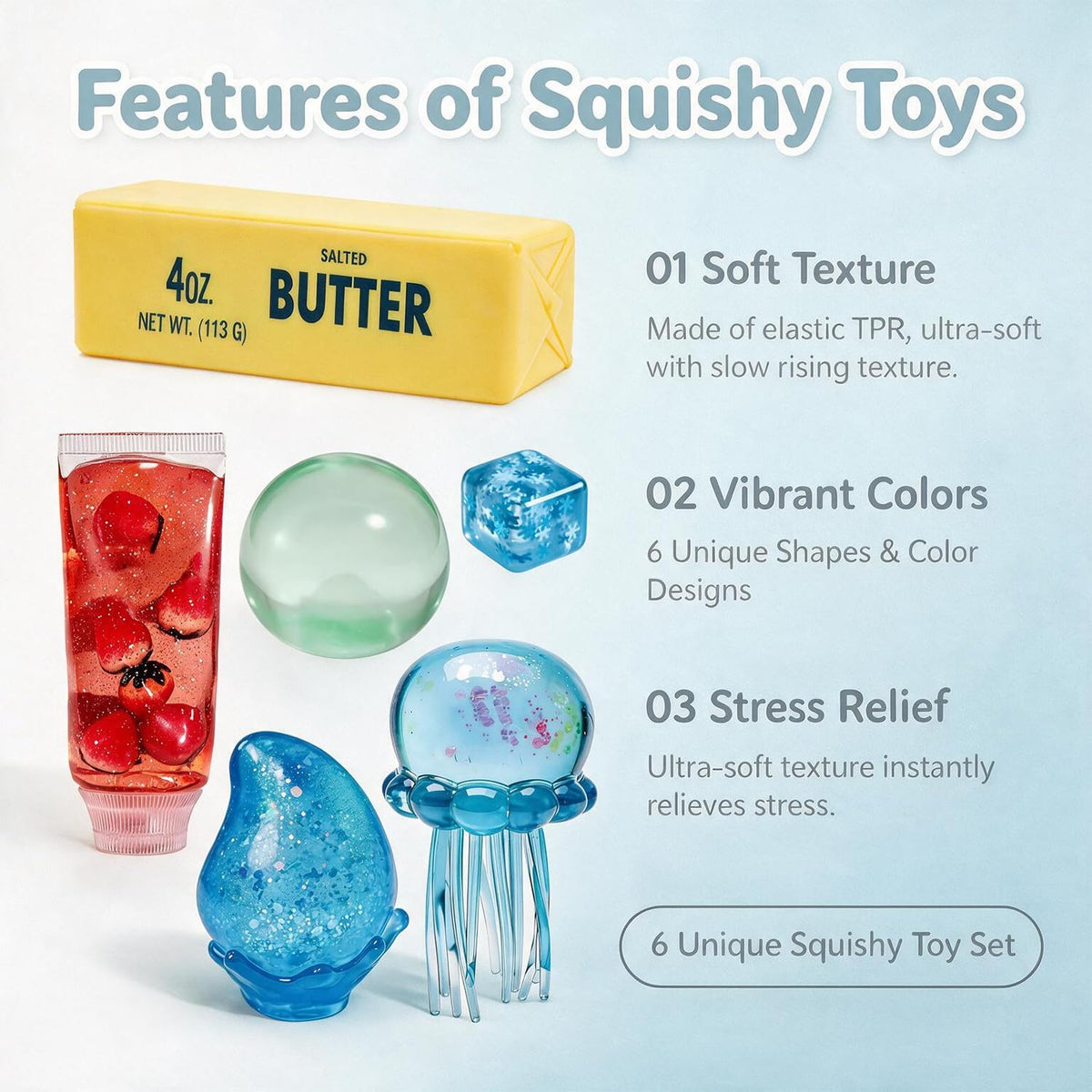 6 PCS Slow Rising Squishy Toy Set,Sensory Stress-Relief Soft Silicone Toys,Anxiety Relief,Soft and Bouncy Stress-Relief Squeeze Toys,Cute Soft Silicone Toys Set,Party Favors