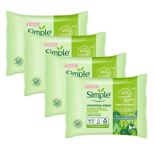 Simple Sensitive Skin Experts Kind To Skin Cleansing Facial Wipes, Waterproof Mascara Remover, Even Softer, 25 Count, (4 Pack)