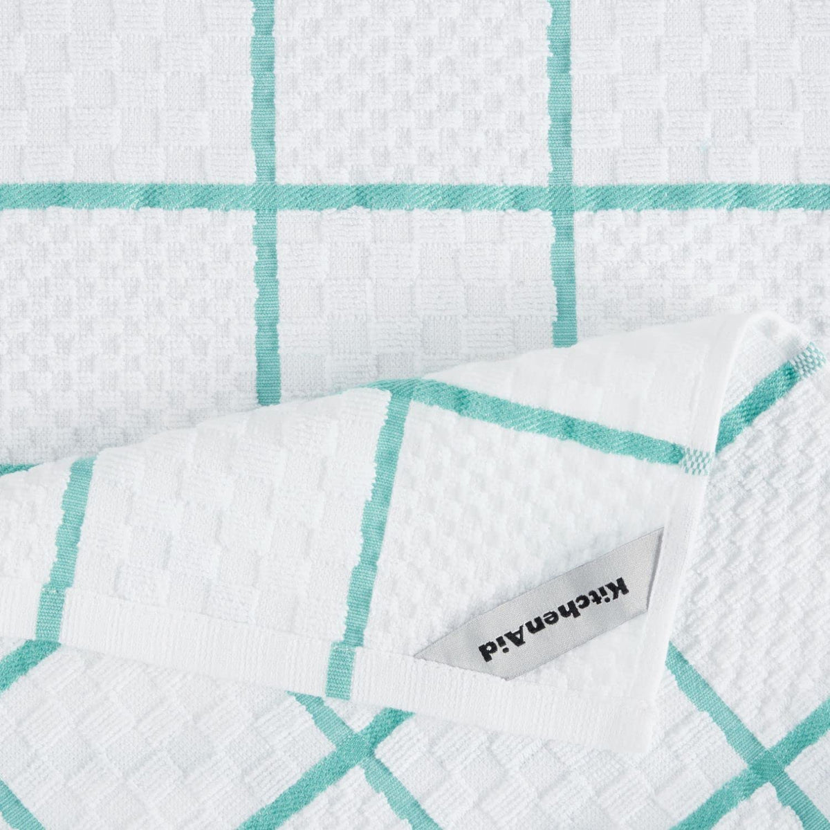 KITCHENAID Quilted Cotton Terry Cloth Oven Mitt, Pot Holder, Kitchen Towel 4-Pack Set, Heat Resistant, Silicone Grip, 16"x26", 7"x13" & 7"x10", Aqua Sky