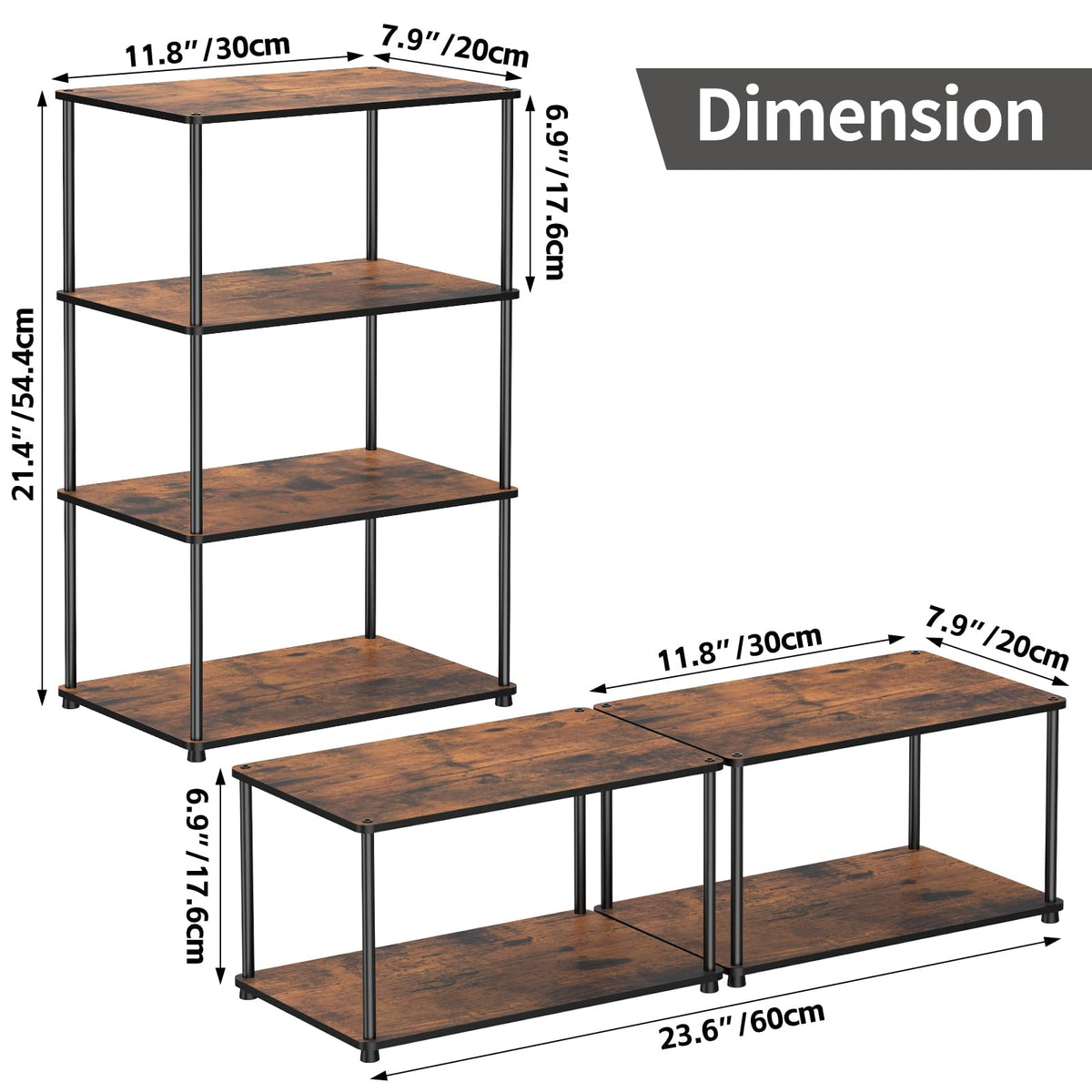 OneAhead Design Countertop Spice Rack, Stackable Wood & Metal Pantry Cabinet Shelf Organizer Storage, 4-Tier or Split into 2×2-Tier, Multi-Use for Kitchen Bathroom Desktop Home Office, Rustic Brown