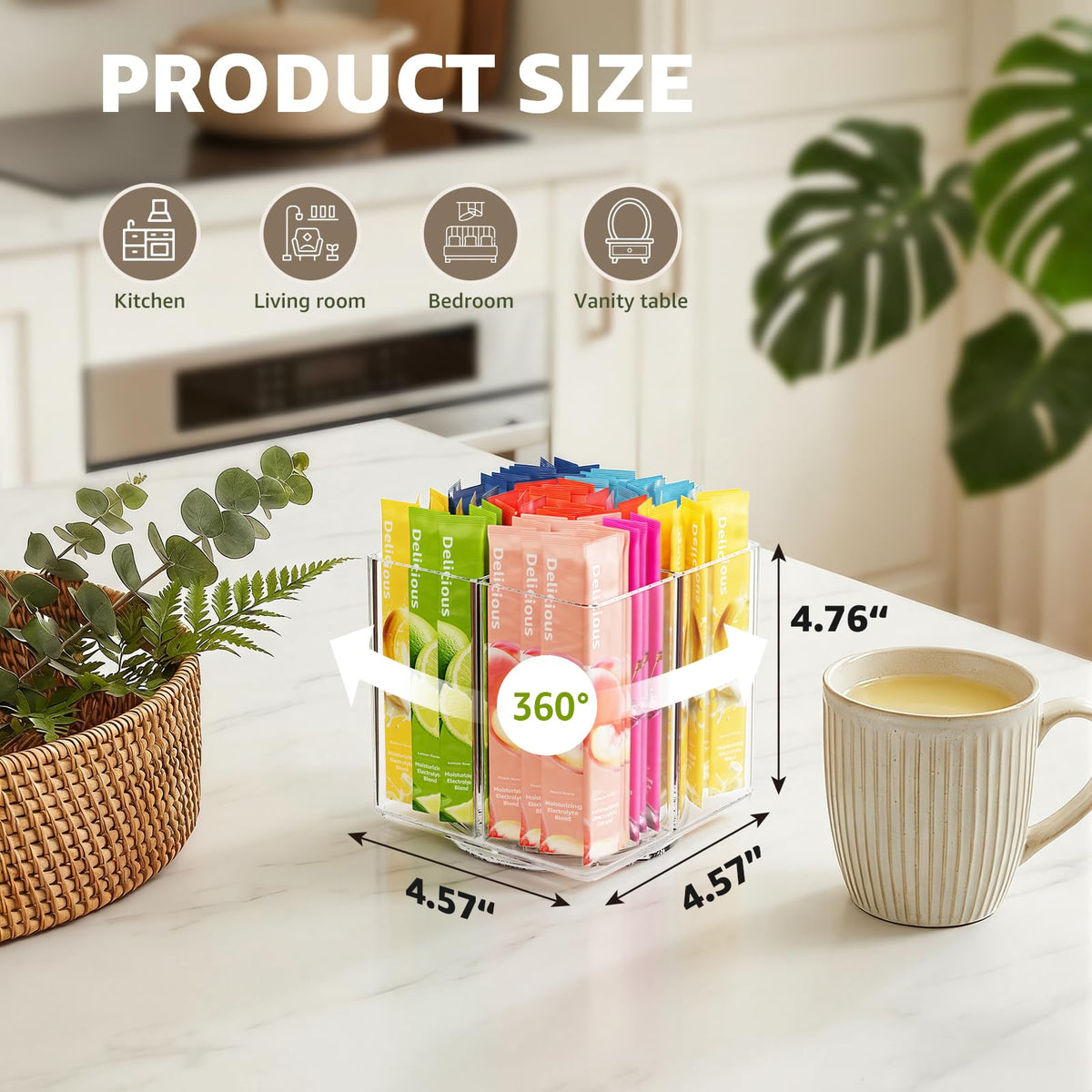 Drink Packet Organizer, Rotating Turntable Organizer with 4 Compartments