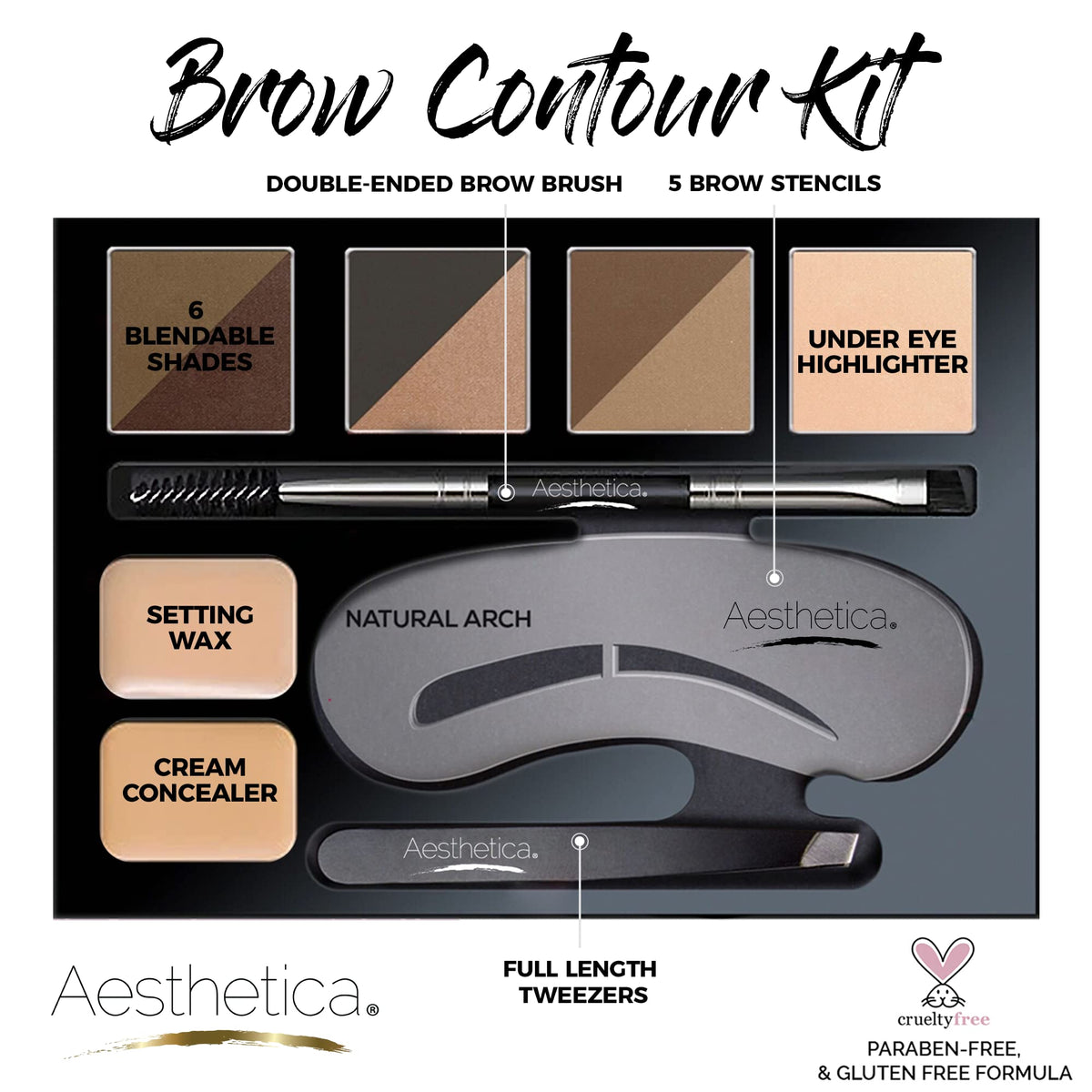Aesthetica Brow Contour Kit 16-Piece Eyebrow Makeup Palette Set