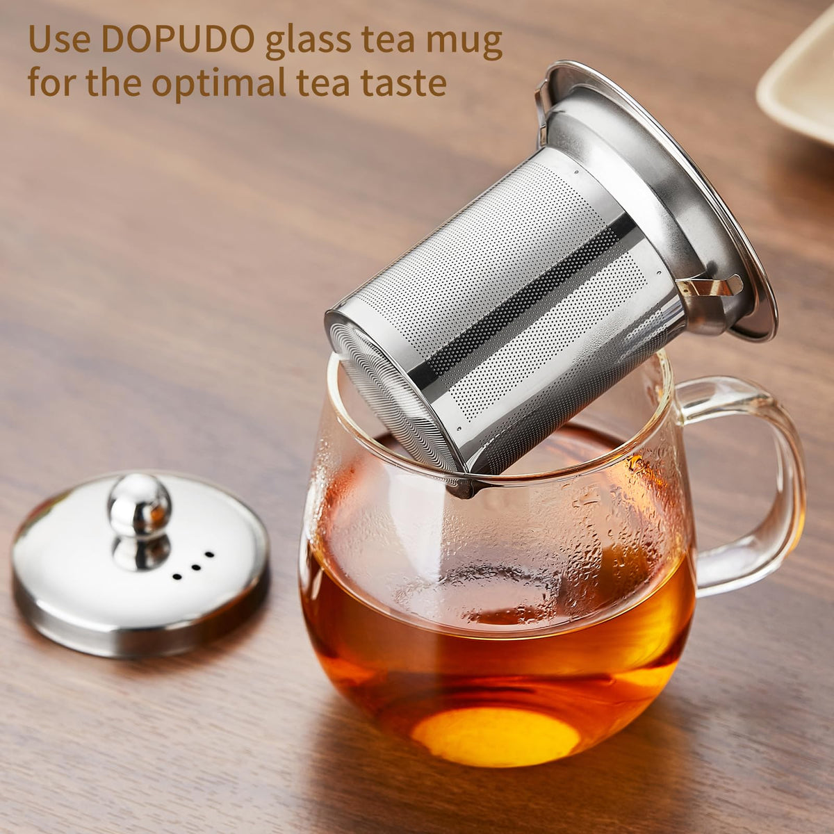 DOPUDO Glass Tea Cup with Infuser and Lid, 14.5oz/450ml Large Borosilicate Glass Teacup with Stailess Steel Filter, Clear Mug for Loose Leaf Blooming Tea, Dishwasher Safe - Tea Maker Gift.